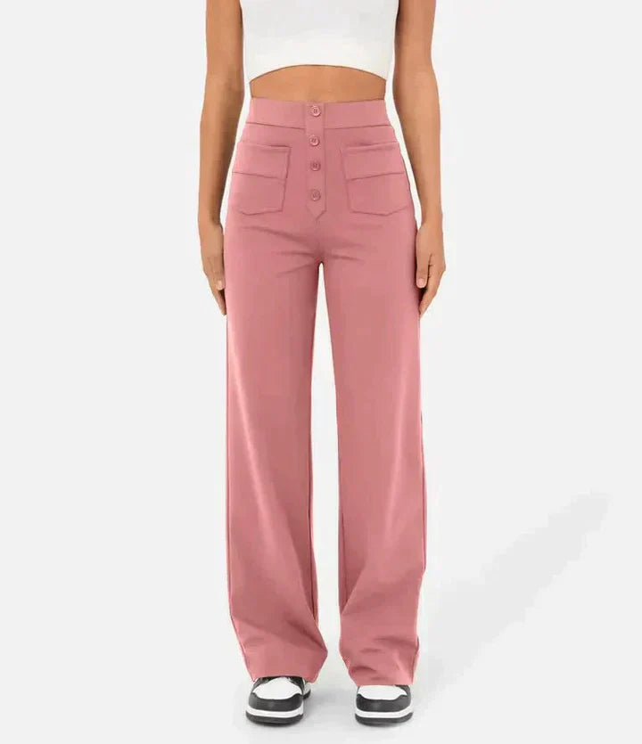 Damen High Waist Hose mit Taschen - Elegante Freizeithose-Rosa-S-Luzern Mode