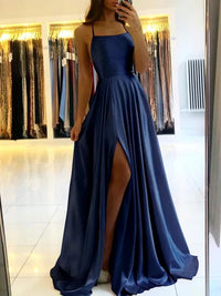 Maxikleid |Seitenschlitz | Fließend | Einfarbig | Ärmellos | Locker-Dunkelblau-S-Luzern Mode