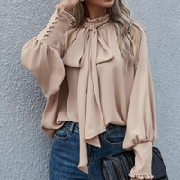 Elegante Damenbluse mit Schleife und langen Ärmeln-Khaki-XS-Luzern Mode