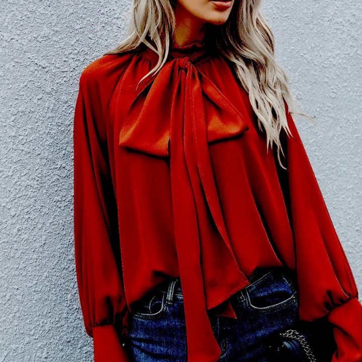 Elegante Damenbluse mit Schleife und langen Ärmeln-Rot-XS-Luzern Mode