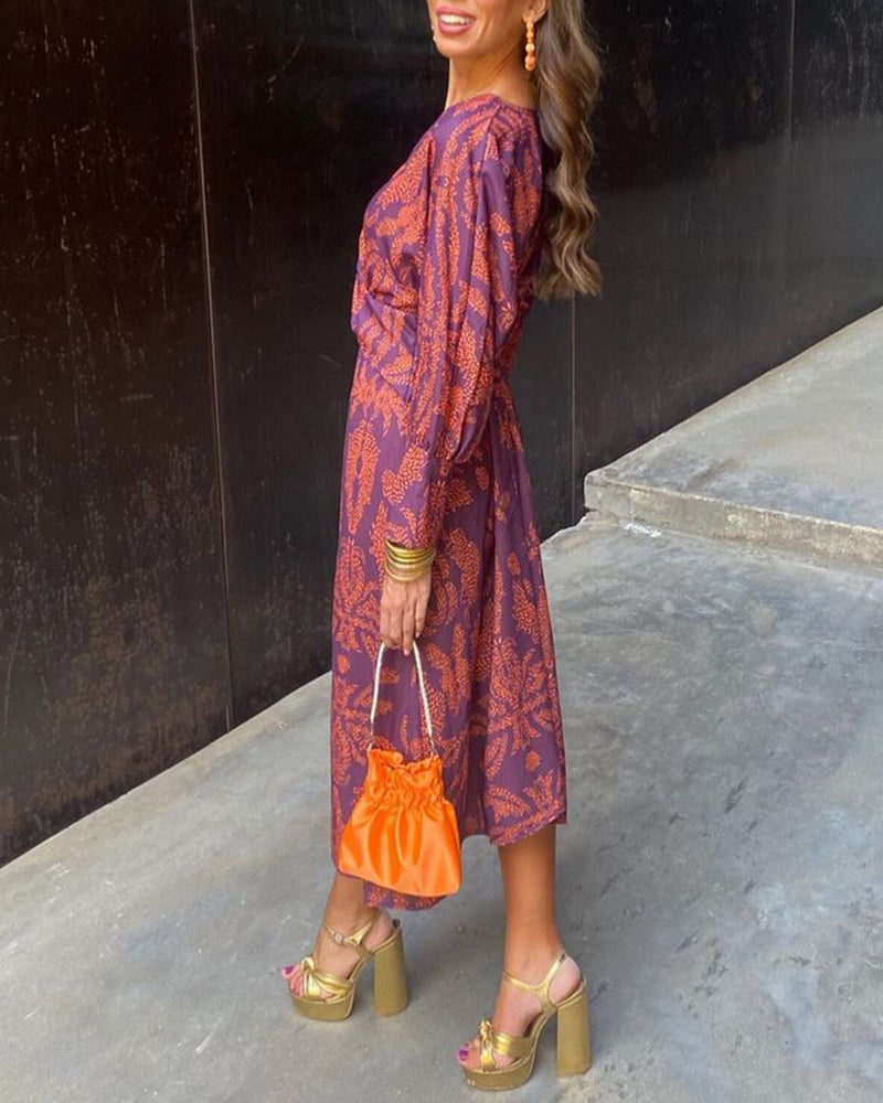 Maxi Sommerkleid | Mehrfarbig | Muster | Lange Ärmel | V-Ausschnitt-Luzern Mode