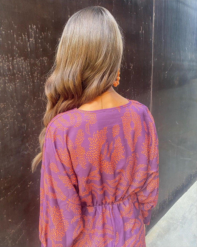 Maxi Sommerkleid | Mehrfarbig | Muster | Lange Ärmel | V-Ausschnitt-Luzern Mode