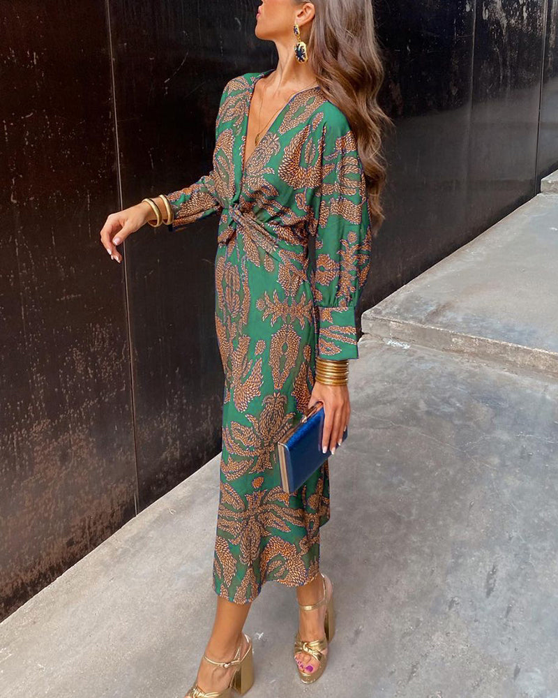 Maxi Sommerkleid | Mehrfarbig | Muster | Lange Ärmel | V-Ausschnitt-Luzern Mode