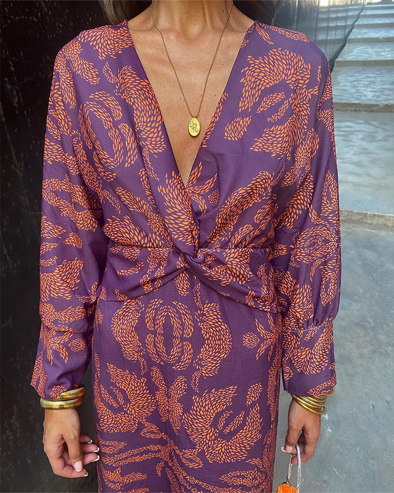 Maxi Sommerkleid | Mehrfarbig | Muster | Lange Ärmel | V-Ausschnitt-Rosa-S-Luzern Mode