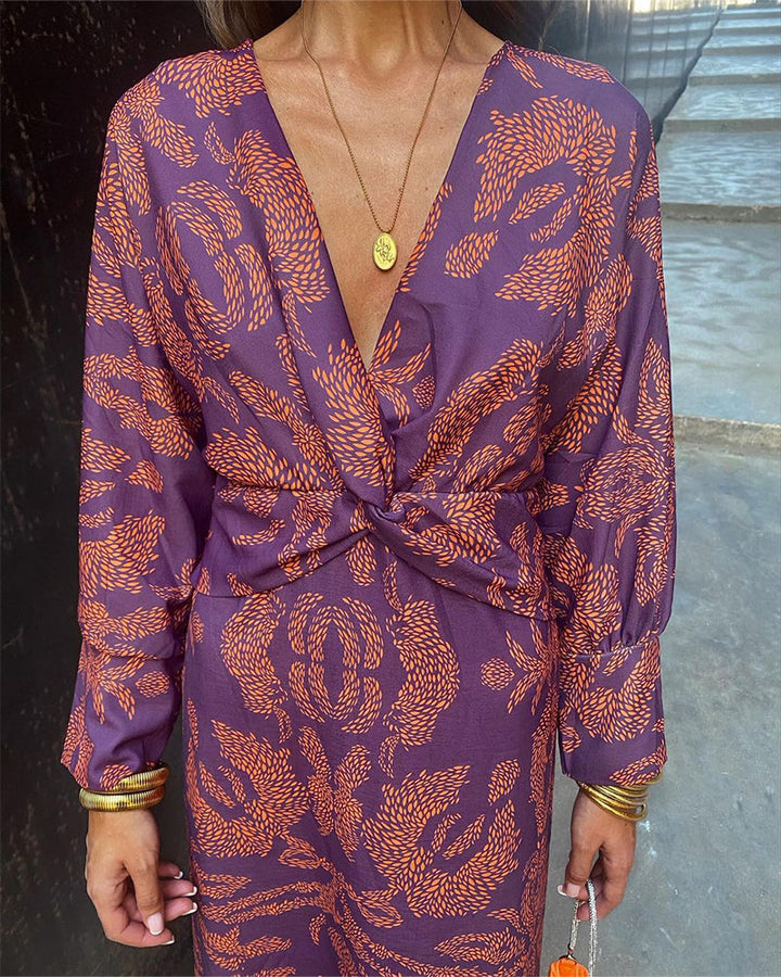 Maxi Sommerkleid | Mehrfarbig | Muster | Lange Ärmel | V-Ausschnitt-Rosa-S-Luzern Mode