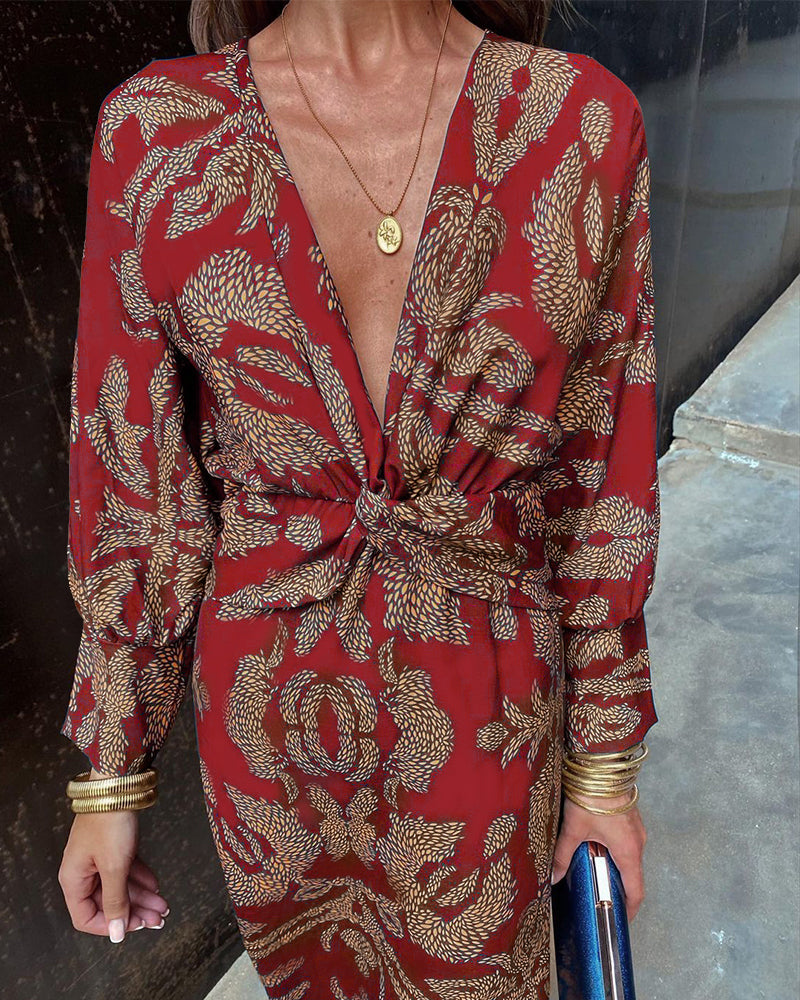Maxi Sommerkleid | Mehrfarbig | Muster | Lange Ärmel | V-Ausschnitt-Rot-S-Luzern Mode