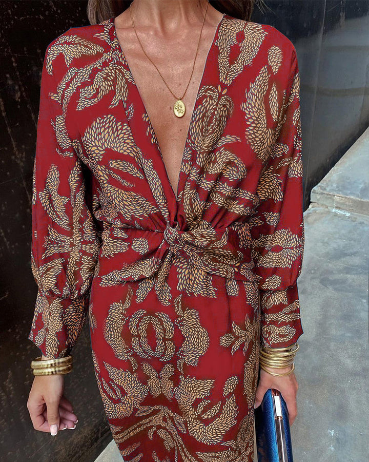Maxi Sommerkleid | Mehrfarbig | Muster | Lange Ärmel | V-Ausschnitt-Rot-S-Luzern Mode