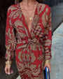 Maxi Sommerkleid | Mehrfarbig | Muster | Lange Ärmel | V-Ausschnitt-Rot-S-Luzern Mode