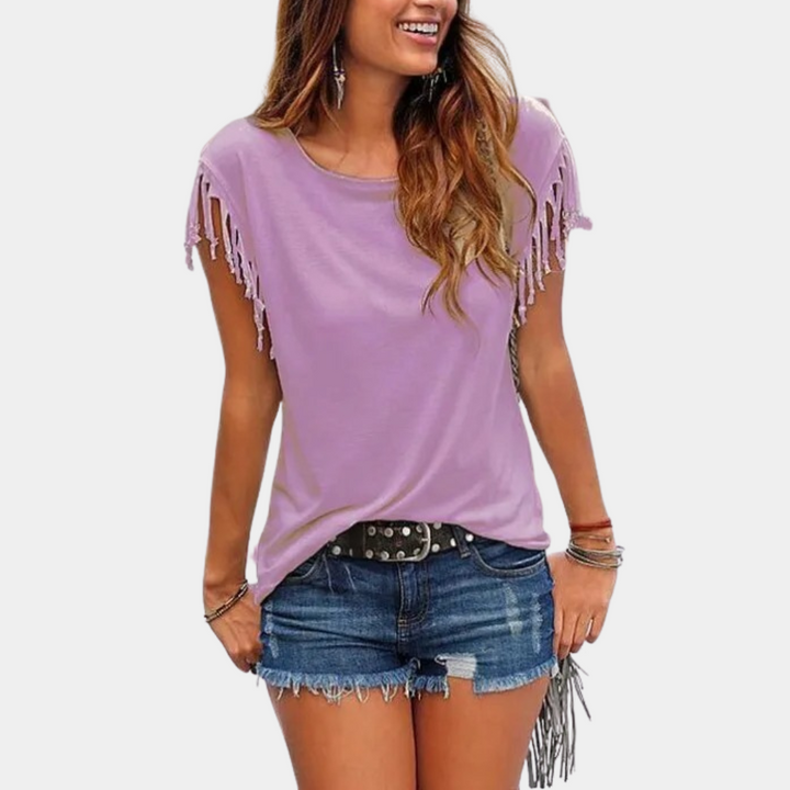 Fransen-Design | lockere Passform | atmungsaktiv | weich | T-Shirt Damen Sommer-Lila-S-Luzern Mode