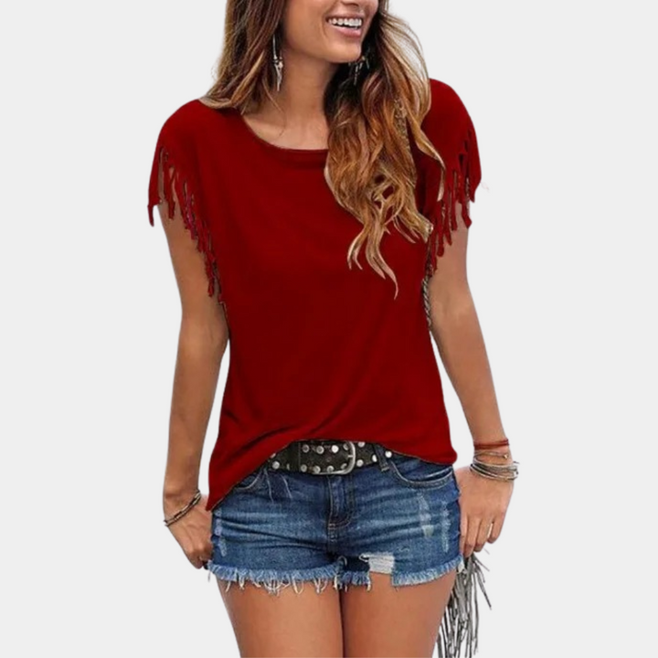 Fransen-Design | lockere Passform | atmungsaktiv | weich | T-Shirt Damen Sommer-Rot-S-Luzern Mode