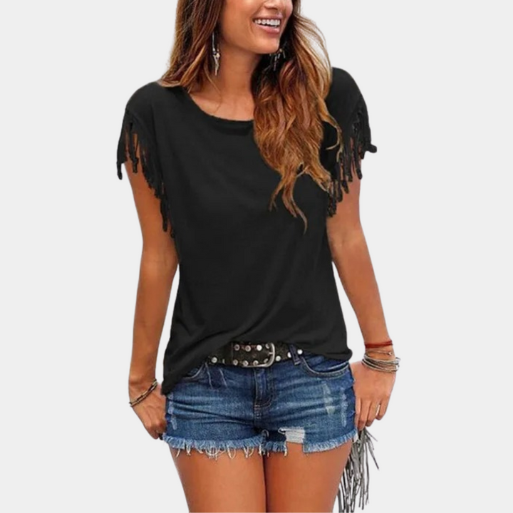 Fransen-Design | lockere Passform | atmungsaktiv | weich | T-Shirt Damen Sommer-Schwarz-S-Luzern Mode