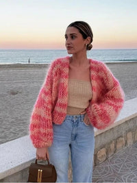 Damen Strickjacke mit Muster - Modische Freizeitjacke-Rosa-S-Luzern Mode