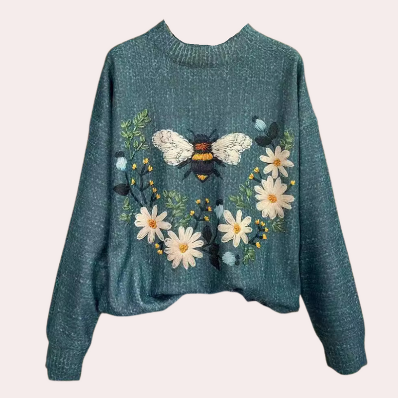 Bestickter Damenpullover mit Blumen- und Insektenmotiv-Blau-XS-Luzern Mode