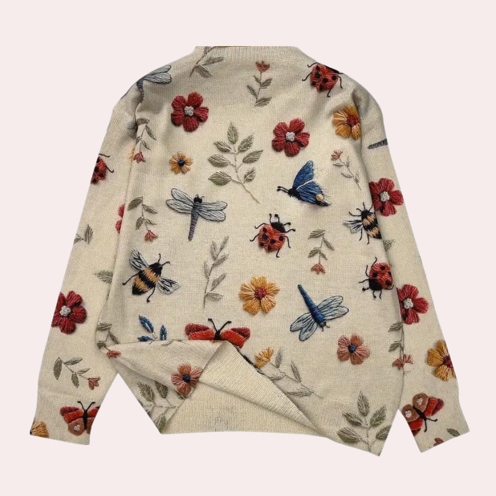 Bestickter Damenpullover mit Blumen- und Insektenmotiv-Luzern Mode