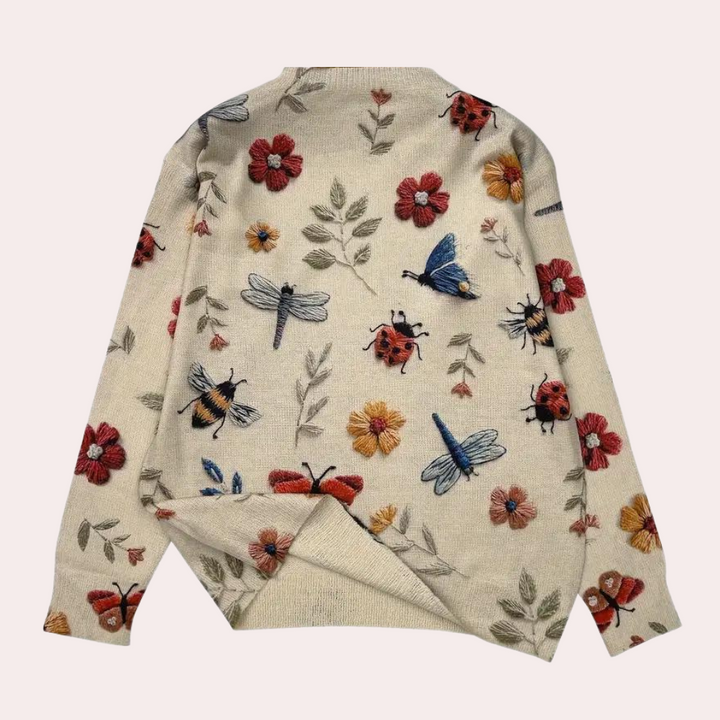 Bestickter Damenpullover mit Blumen- und Insektenmotiv-Luzern Mode