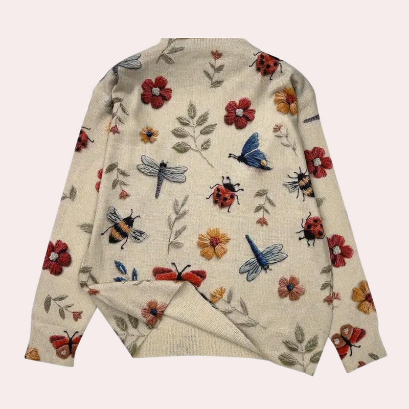 Bestickter Damenpullover mit Blumen- und Insektenmotiv-Luzern Mode