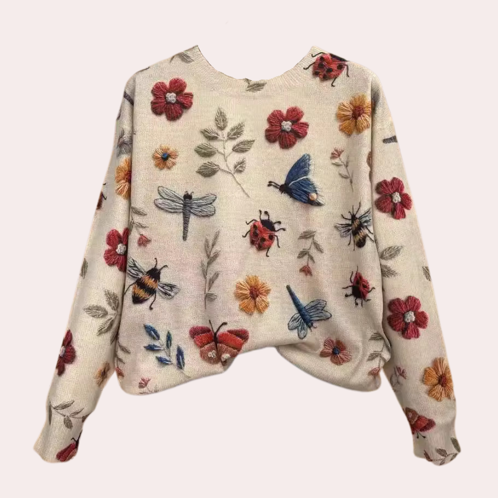Bestickter Damenpullover mit Blumen- und Insektenmotiv-Weiß-XS-Luzern Mode