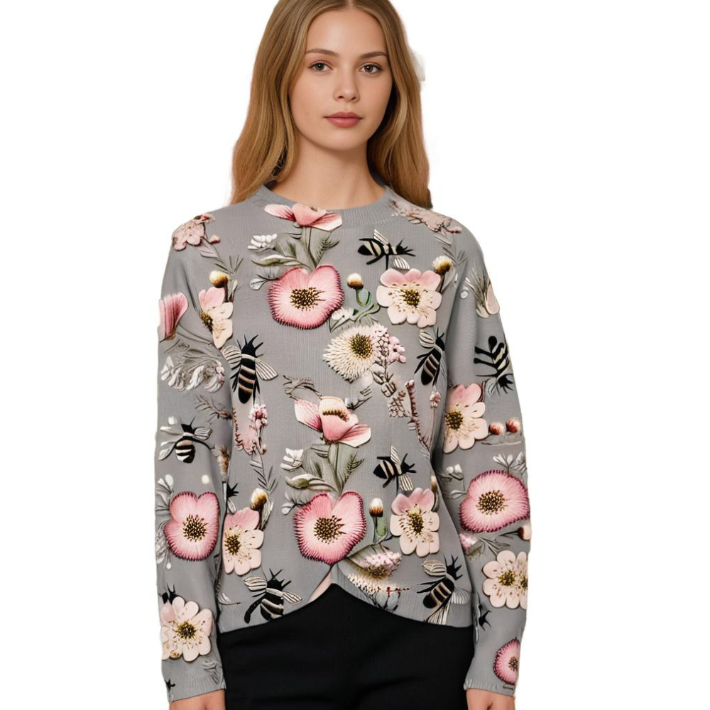 Bestickter Damenpullover mit Blumen- und Insektenmotiv-Luzern Mode