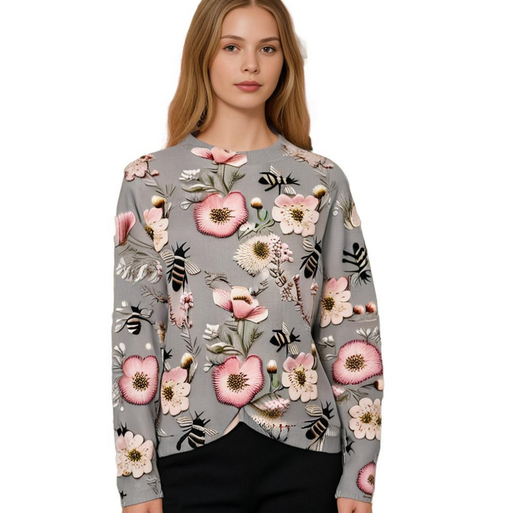 Bestickter Damenpullover mit Blumen- und Insektenmotiv-Luzern Mode