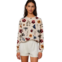 Bestickter Damenpullover mit Blumen- und Insektenmotiv-Luzern Mode