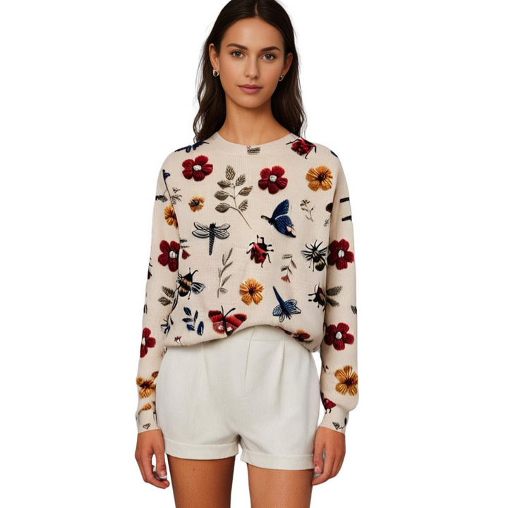 Bestickter Damenpullover mit Blumen- und Insektenmotiv-Luzern Mode