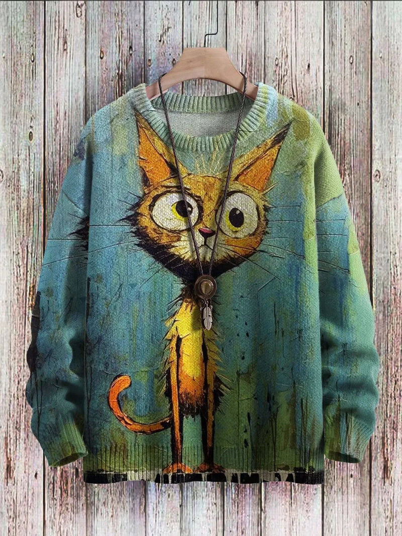 Damen Pullover mit Katzenmotiv - Bequemer Strickpullover-Simba-S-Luzern Mode