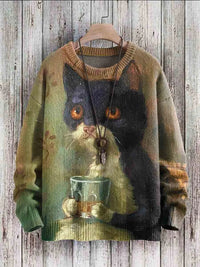 Damen Pullover mit Katzenmotiv - Bequemer Strickpullover-Snoes-S-Luzern Mode