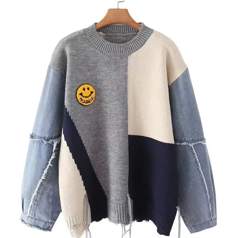 Unisex Patchwork Pullover mit Smiley-Design und Denim-Ärmeln-Hellgrau-S-Luzern Mode