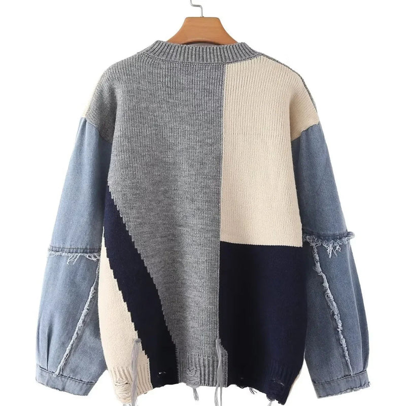 Unisex Patchwork Pullover mit Smiley-Design und Denim-Ärmeln-Luzern Mode