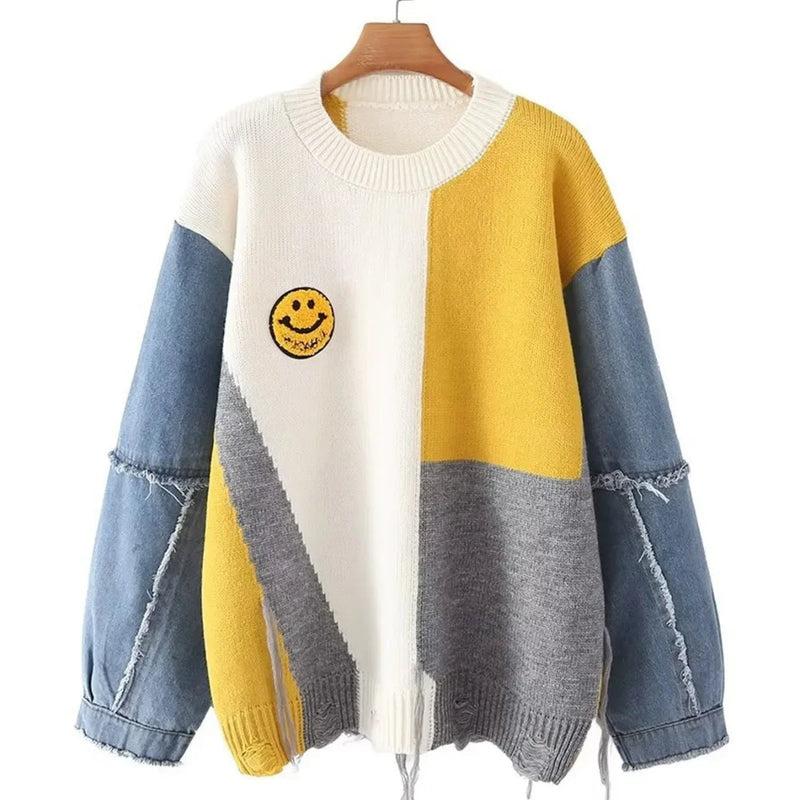 Unisex Patchwork Pullover mit Smiley-Design und Denim-Ärmeln-Weiß/Gelb-S-Luzern Mode