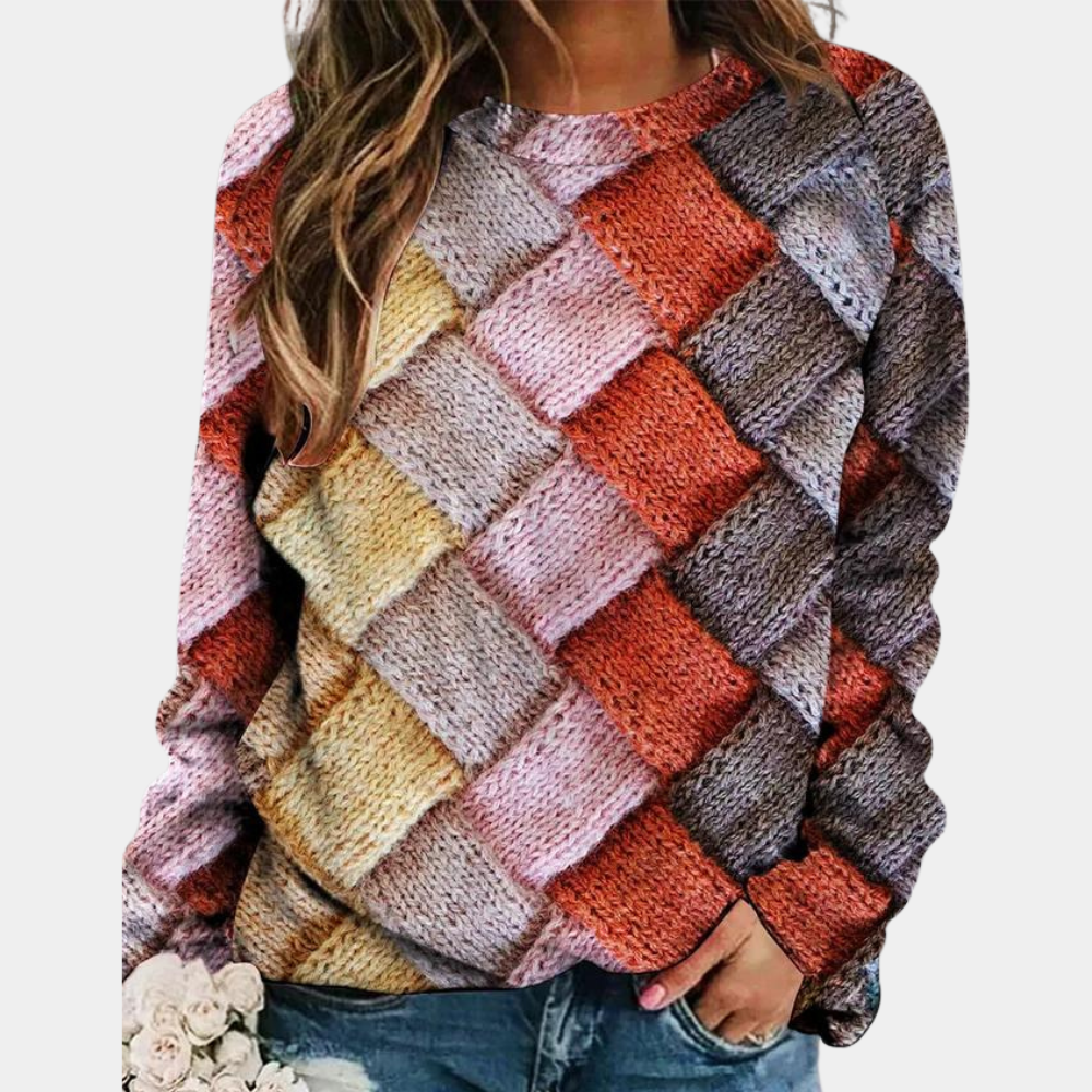 Damen Strickpullover mit Karomuster - Modischer Pullover-Rosa-XS-Luzern Mode