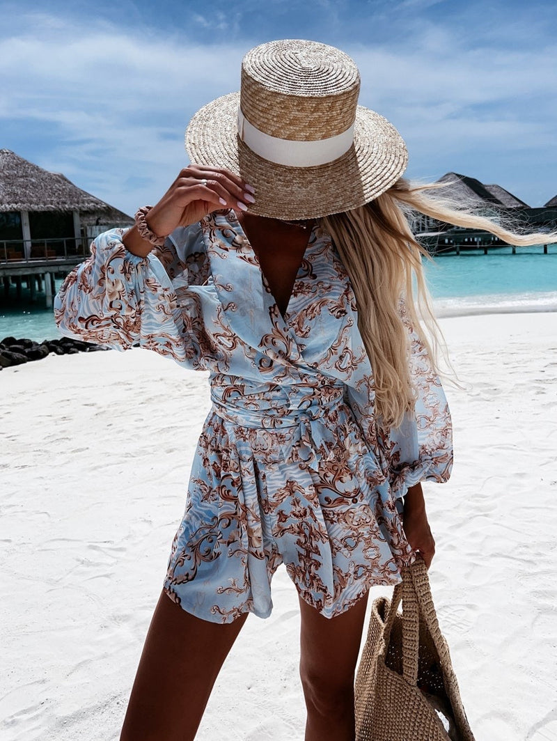 Damen Jumpsuit mit Blumenmuster - Eleganter Sommerlook-Blau-XS-Luzern Mode