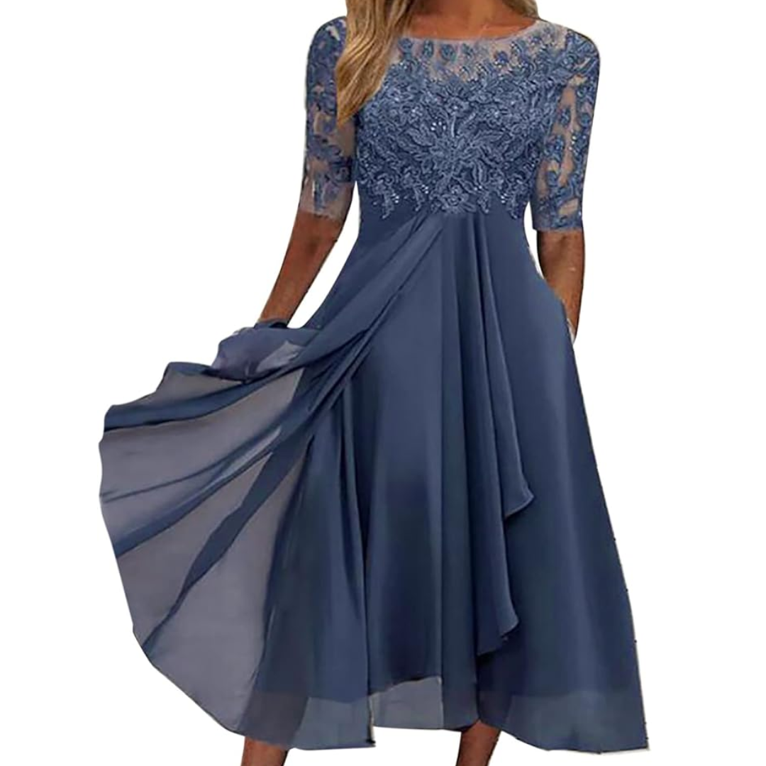 Elegantes Damen Spitzenkleid mit Halbarm für besondere Anlässe-Blau-s-Luzern Mode