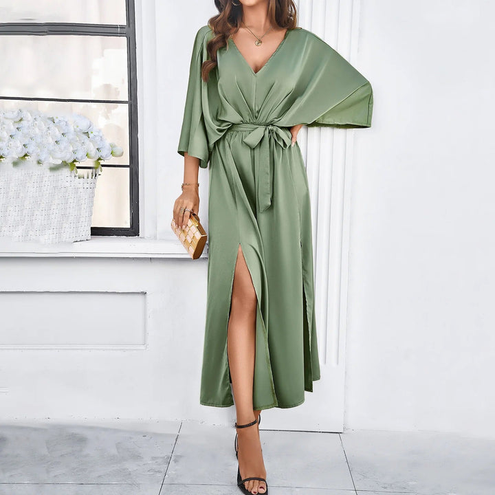 Damen V-Ausschnitt Maxikleid mit Schlitz und Gürtel-Grün-XS-Luzern Mode