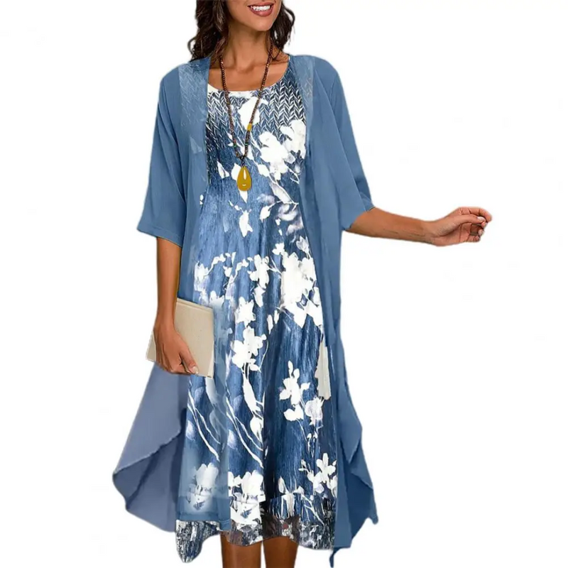 Damen Blumenkleid mit Cardigan - Elegantes Sommeroutfit-Blau-s-Luzern Mode