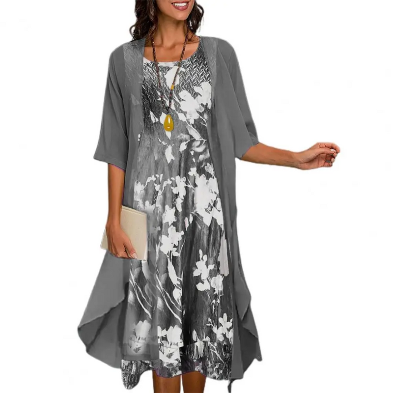 Damen Blumenkleid mit Cardigan - Elegantes Sommeroutfit-Grau-s-Luzern Mode