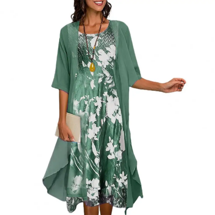 Damen Blumenkleid mit Cardigan - Elegantes Sommeroutfit-Grün-s-Luzern Mode