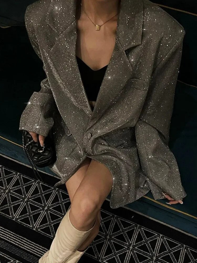 Oversized Glitzer Pailletten Blazer Damen - Eleganter Party Look-Silber-2XL-Luzern Mode