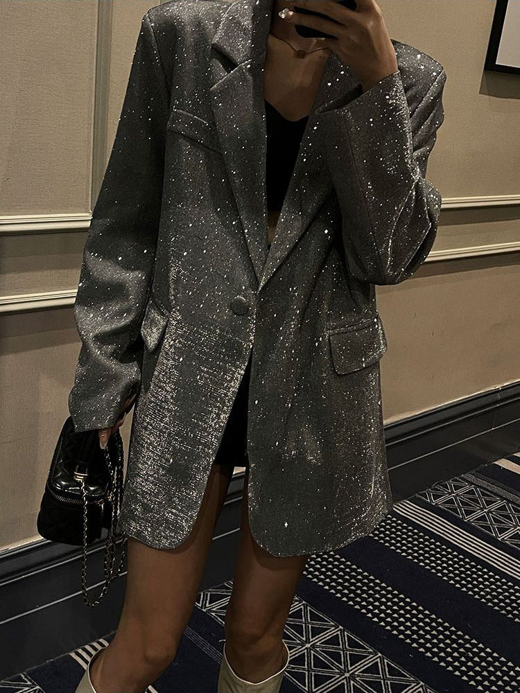 Oversized Glitzer Pailletten Blazer Damen - Eleganter Party Look-Silber-S-Luzern Mode