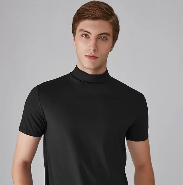 Herren T-Shirt | Turtleneck | Enganliegender Schnitt | Kurzarm-Schwarz-S-Luzern Mode