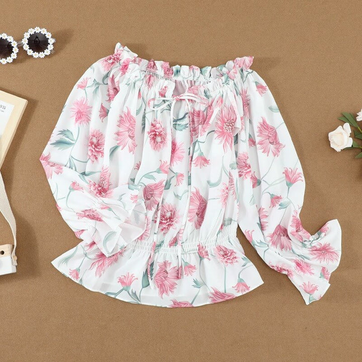 Sommerbluse Damen | Rüschenärmel | geblümt | Chiffon | Off-Shoulder Stil-Luzern Mode