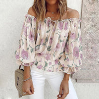 Sommerbluse Damen | Rüschenärmel | geblümt | Chiffon | Off-Shoulder Stil-Beige-S-Luzern Mode