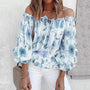 Sommerbluse Damen | Rüschenärmel | geblümt | Chiffon | Off-Shoulder Stil-Blau-S-Luzern Mode