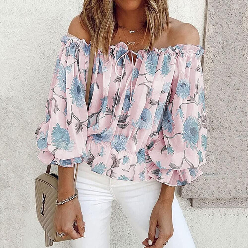 Sommerbluse Damen | Rüschenärmel | geblümt | Chiffon | Off-Shoulder Stil-Rosa-S-Luzern Mode