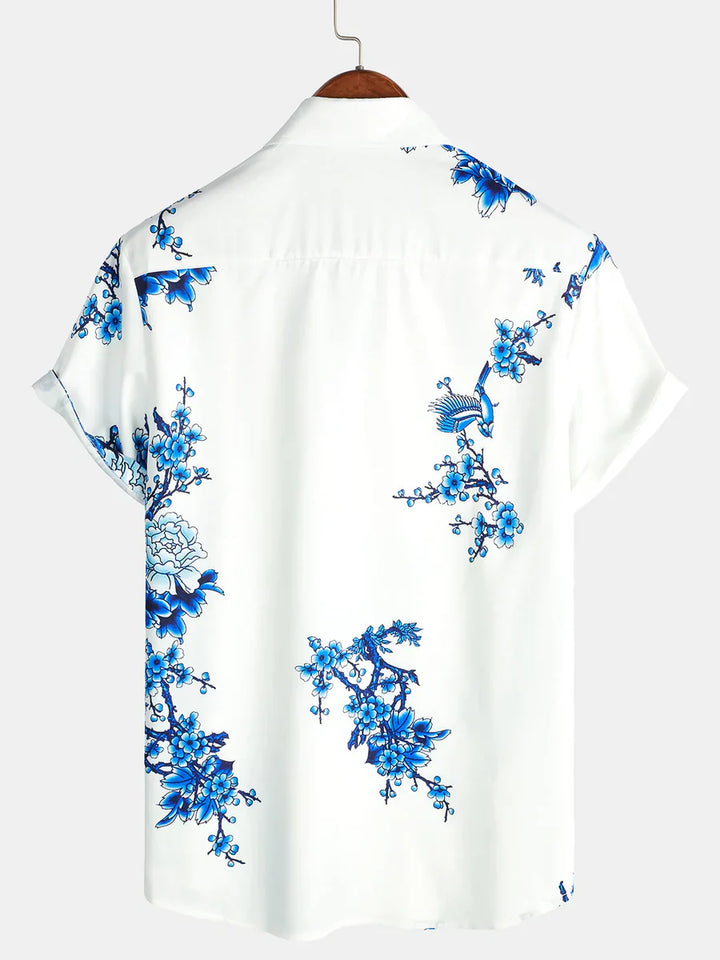 Weißes Herren Sommerhemd | Blumenprint | Kurzarm | Knopfleiste | Blau-Luzern Mode