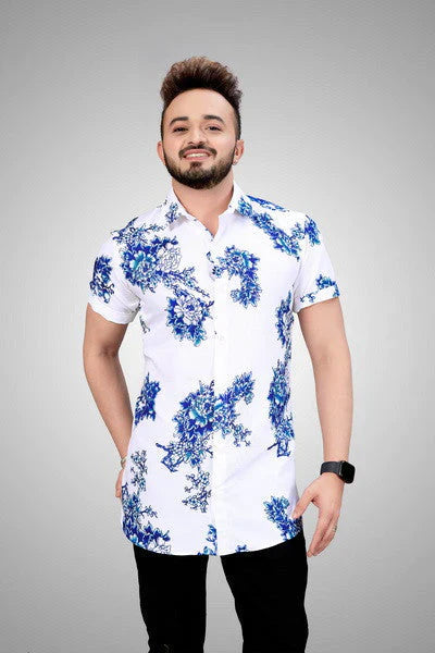 Weißes Herren Sommerhemd | Blumenprint | Kurzarm | Knopfleiste | Blau-Luzern Mode