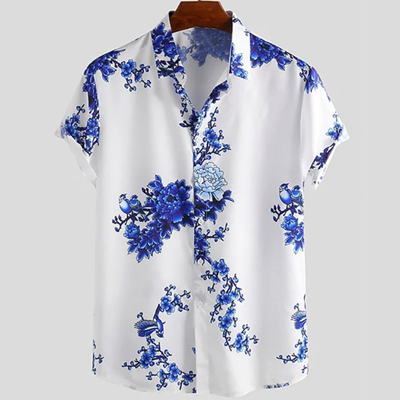 Weißes Herren Sommerhemd | Blumenprint | Kurzarm | Knopfleiste | Blau-XS-Luzern Mode