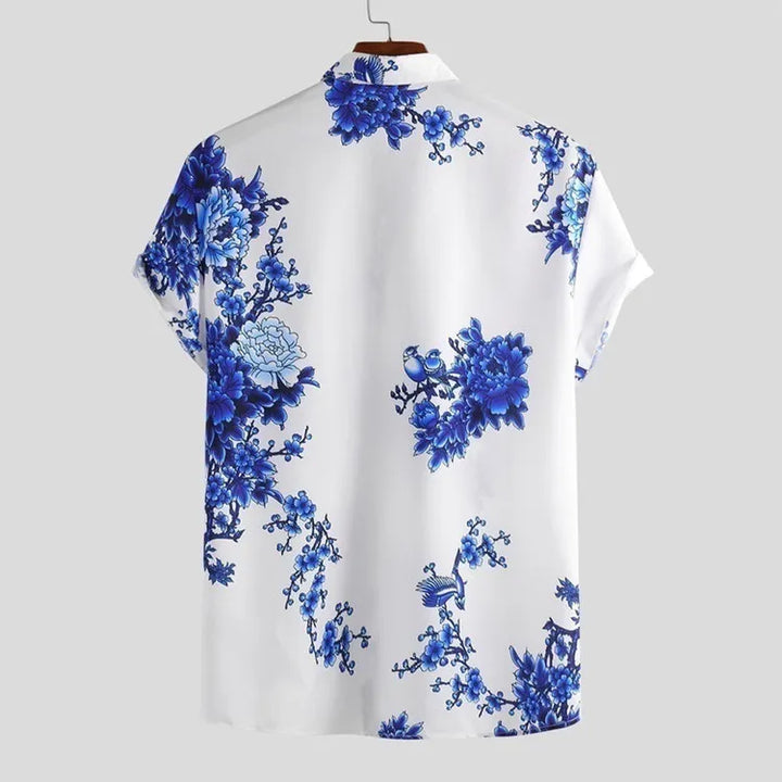 Weißes Herren Sommerhemd | Blumenprint | Kurzarm | Knopfleiste | Blau-Luzern Mode