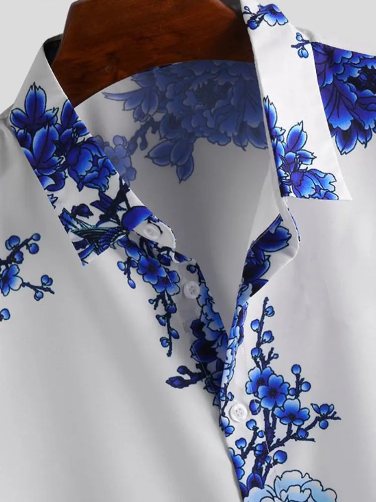 Weißes Herren Sommerhemd | Blumenprint | Kurzarm | Knopfleiste | Blau-Luzern Mode