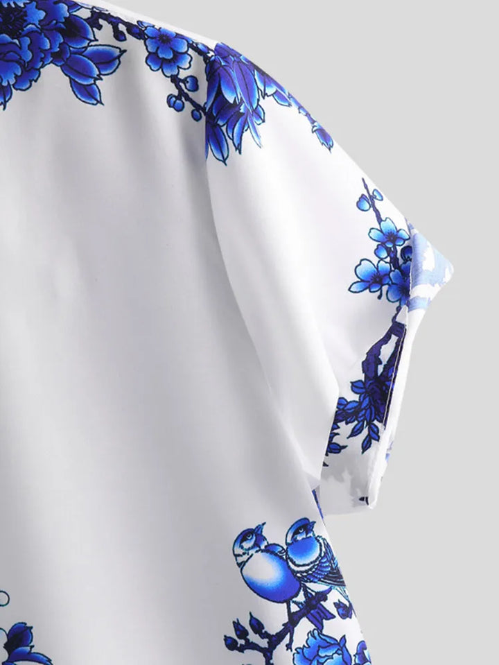 Weißes Herren Sommerhemd | Blumenprint | Kurzarm | Knopfleiste | Blau-Luzern Mode